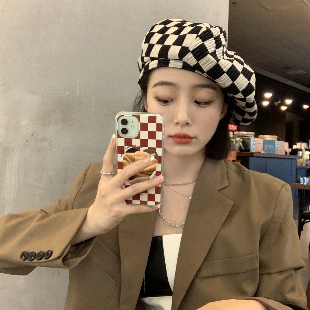 Mũ nồi phối sọc caro phong cách vintage Hàn Quốc