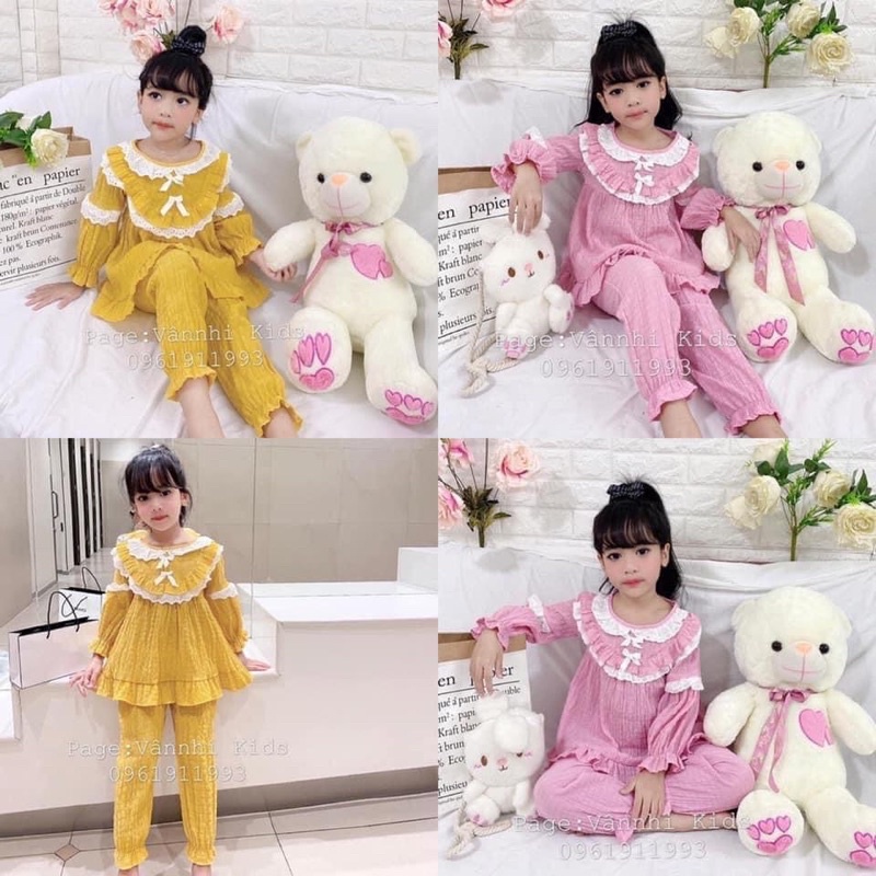 Bộ pizama đũi xốp phối ren tiểu thư siêu xinh cho bé