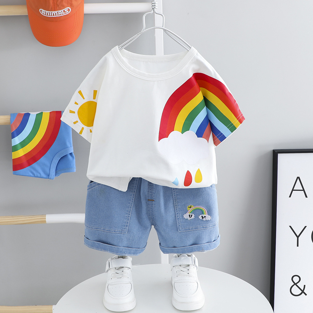 Bộ quần áo thời trang dành cho bé trai từ 0-5 tuổi, áo thun hình cầu vồng màu mùa hè + áo phông + quần jeans 2 chiếc.