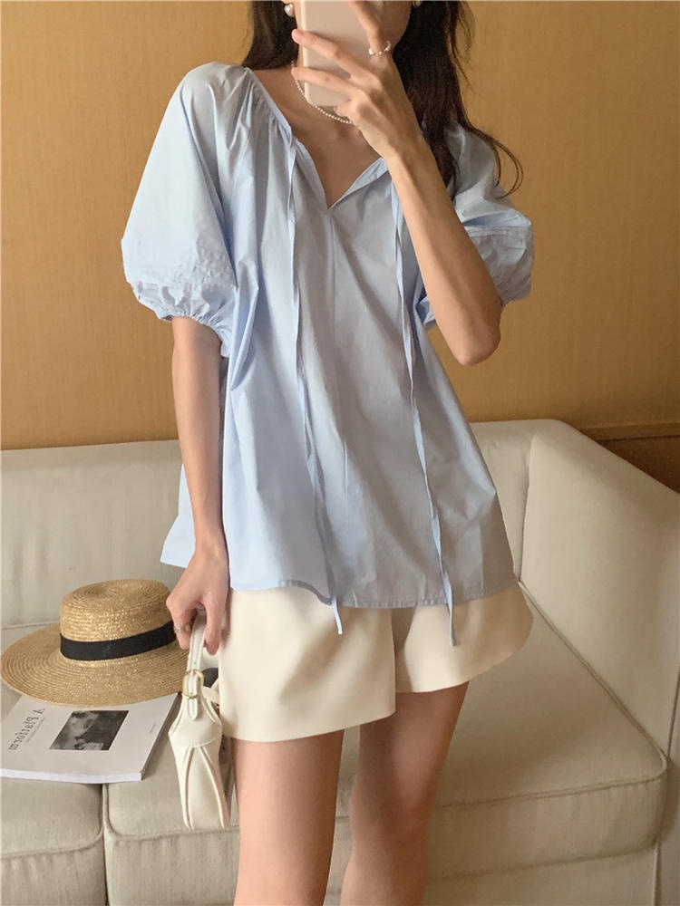 Áo Sơ Mi Tay Ngắn Cột Dây Màu Trắng Trơn Thoải Mái Thời Trang Mùa Hè 50916