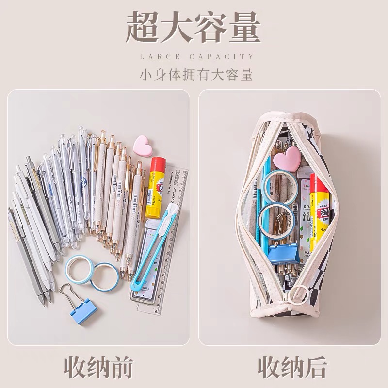 Túi Đựng Bút Bằng PVC Trong Suốt Họa Tiết Sọc Caro Trắng Đen Phong Cách Nhật Bản