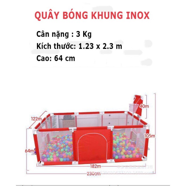 Quây bóng cho bé, Quây cũi kiêm lều bóng, Quây inox chữ nhật, kích thước 1m2x2m3