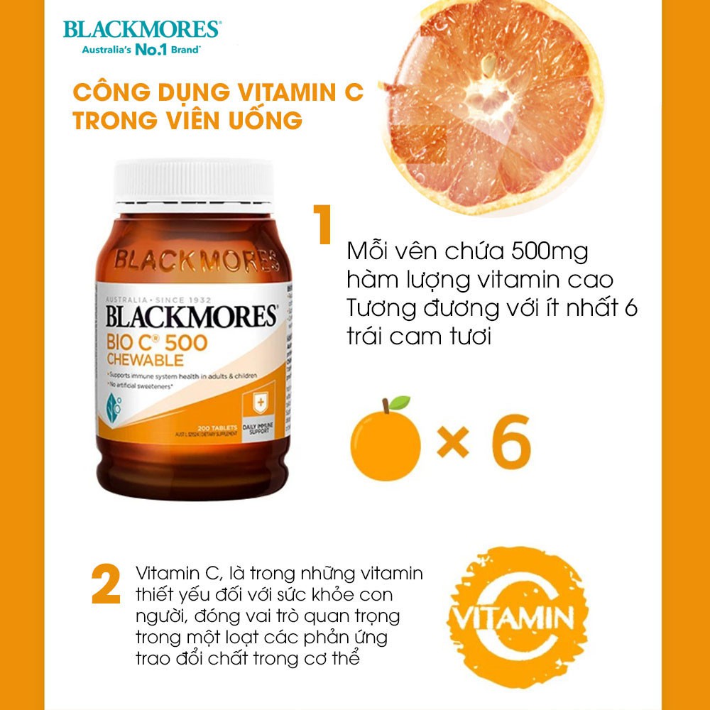 [Chính hãng Úc] Viên bổ sung vitamin C dạng nhai Bio C 500mg Blackmores Úc 125 viên, tăng cường sức đề kháng, làm đẹp da