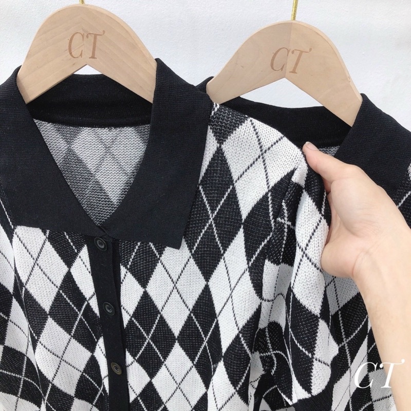 {Evacici}Áo croptop len họa tiết quả trám chất co dãn siêu thích. Áo polo nữ họa tiết quả trám