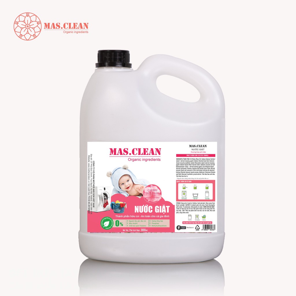 Nước giặt hữu cơ sạch khuẩn, ẩm mốc Mas.Clean hương Hoa Anh Đào - can 3.8L