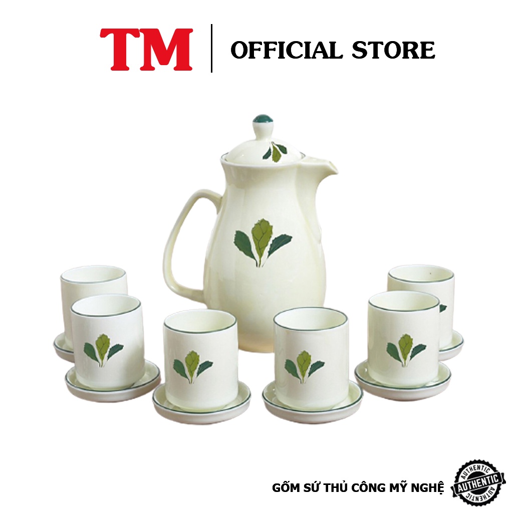 Bộ Bình Ca Sứ Đựng Nước Men Kem Họa Tiết Vẽ Tay 1.5L Xưởng Gốm TM Bát Tràng