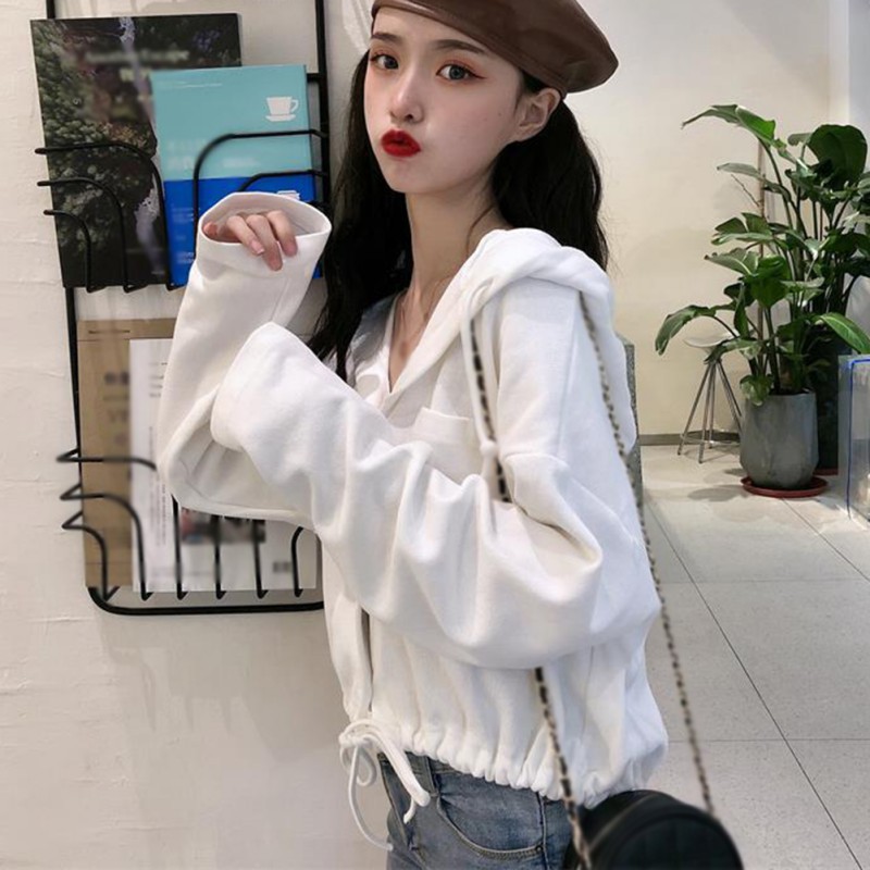 Áo Hoodie Màu Trơn Dáng Rộng Phối Dây Rút Trẻ Trung Phong Cách Hàn Quốc Cho Bạn Gái