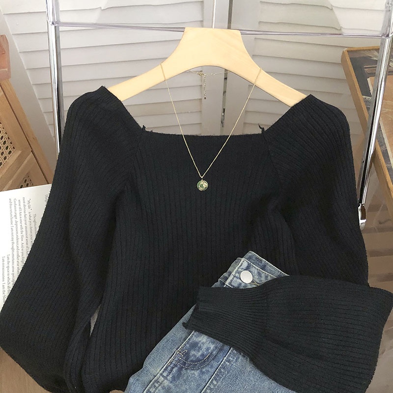 NUZIRO Áo dệt kim  tay dài cổ vuông màu đơn giản phong cách Hàn Quốc cho nữ