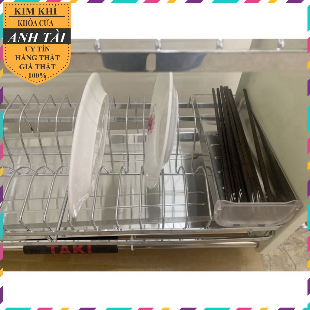 Giá bát nâng hạ, kệ chén đĩa nâng hạ INOX 304 bản đủ 2 khay hứng nước inox kèm ống đũa phiên bản 2023