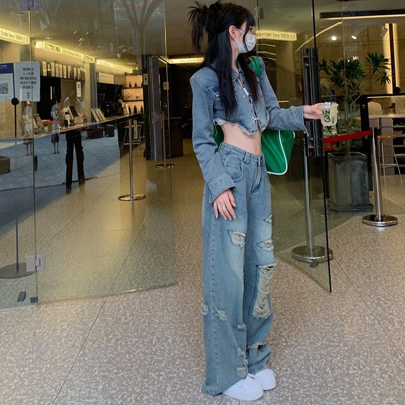 Set Áo Khoác Jeans Dài Tay + Quần Short Jeans Thời Trang Nữ