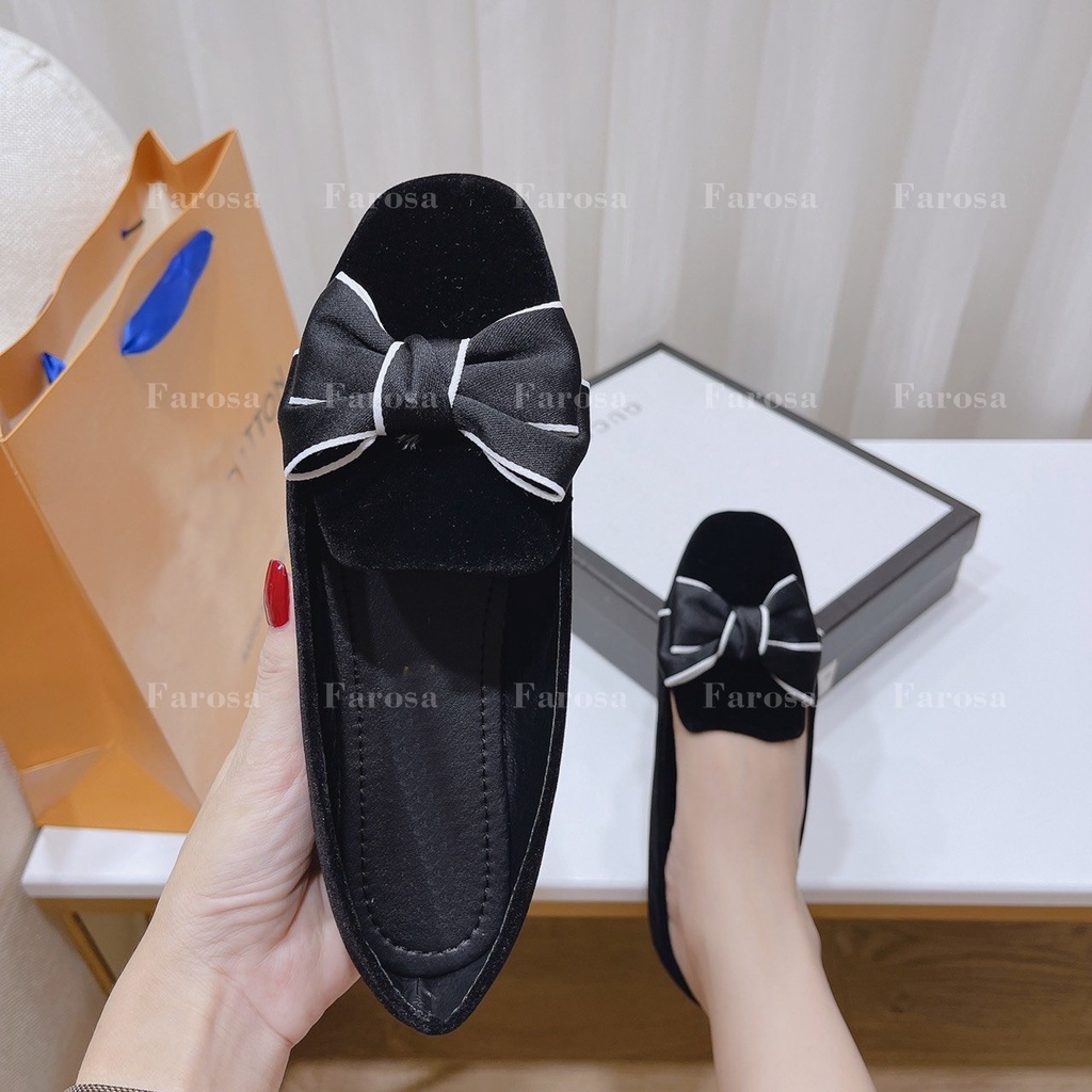 Giày búp bê mữ mũi vuông phối nơ kẻ FAROSA lên chân cực xinh xắn