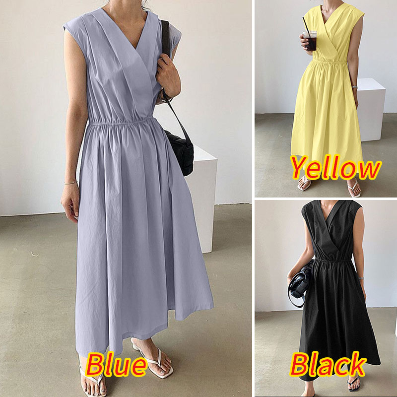 ZANZEA Women Casual V-Neck Sleeveless Swing Pleated Loose Long Dress | BigBuy360 - bigbuy360.vn