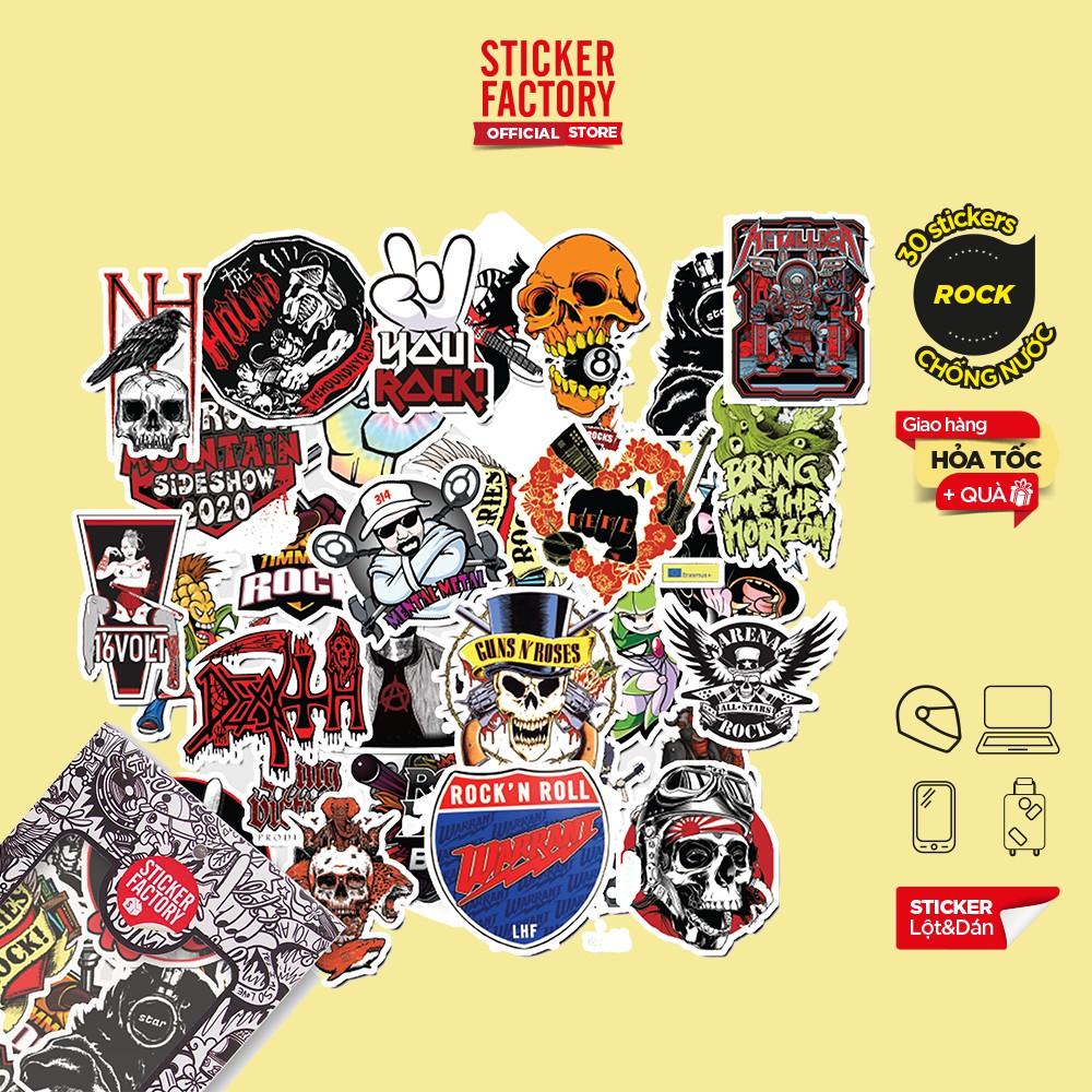 Hộp set 30 sticker decal hình dán nón bảo hiểm , laptop, xe máy, ô tô STICKER FACTORY - Rock