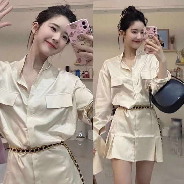 Váy nữ sơ mi màu sâm panh vạt áo dài tay thắt lưng xếp ly váy Triệu Lộ Tư mùa xuân hè thu