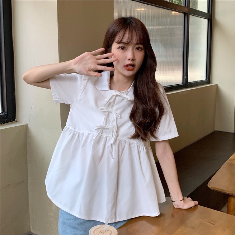 Áo sơ mi nữ trắng xanh dáng babydoll thắt nơ xinh xixeoshop - V43