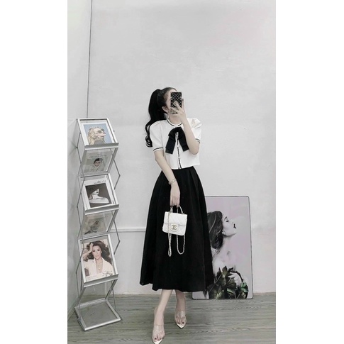 Áo sơ mi cộc tay croptop viền đen cổ nơ tiểu thư mặc đi làm đi chơi cực xinh