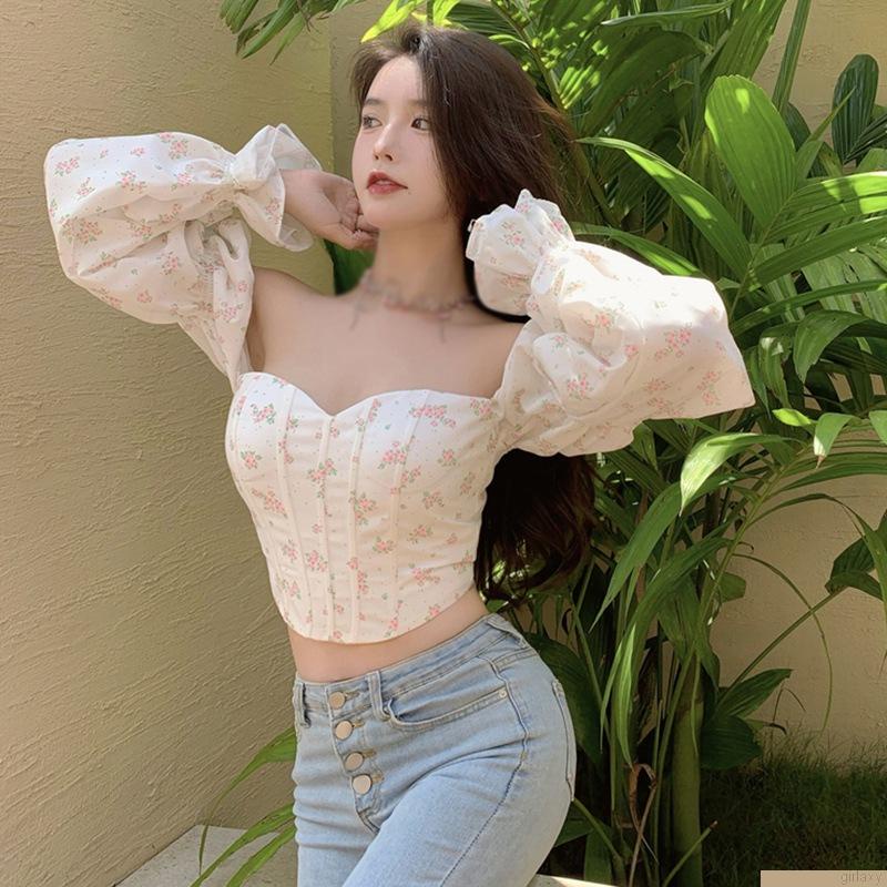 Áo croptop tay phồng dài trễ vai in họa tiết hoa phong cách Hàn Quốc cổ điển thời trang cho nữ