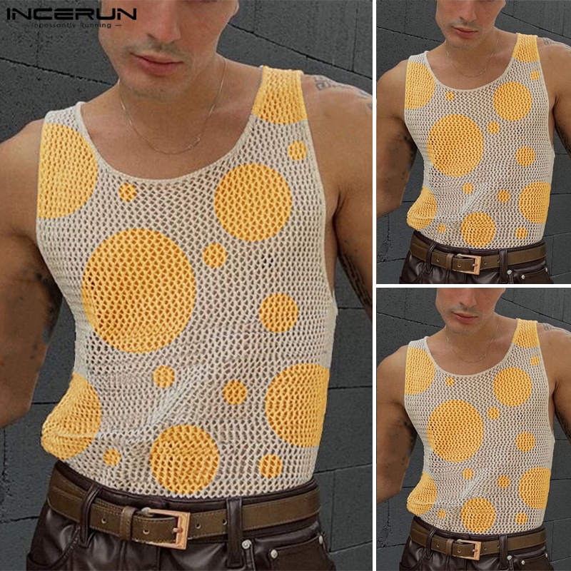 INCERUN Áo Tank Top Trong Suốt Không Tay In Họa Tiết Hoa Thời Trang Cho Nam Giới