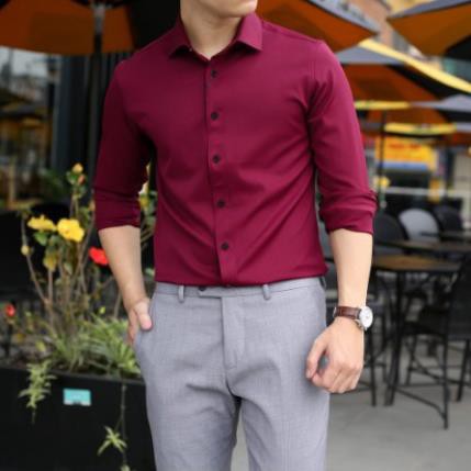 Áo sơ mi nam trơn tay dài, dáng ôm slimfit, phong cách Thời trang nam Hàn Quốc | BigBuy360 - bigbuy360.vn