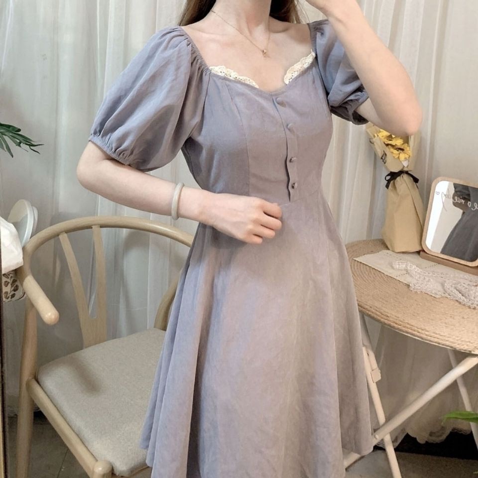 Đầm midi chữ A tay ngắn phối ren thời trang mùa hè phong cách Hàn Quốc