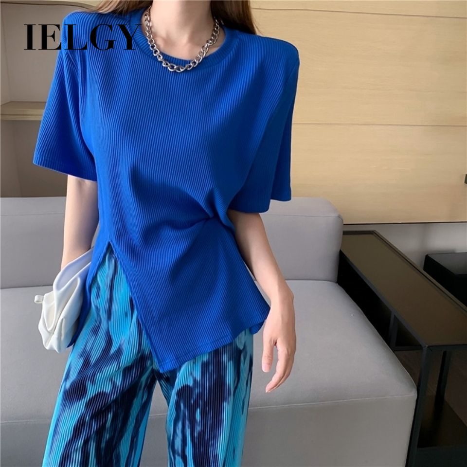 Áo thun IELGY tay ngắn dáng suông xẻ tà tùy chọn màu sắc dễ phối đồ thời trang hè cho nữ
