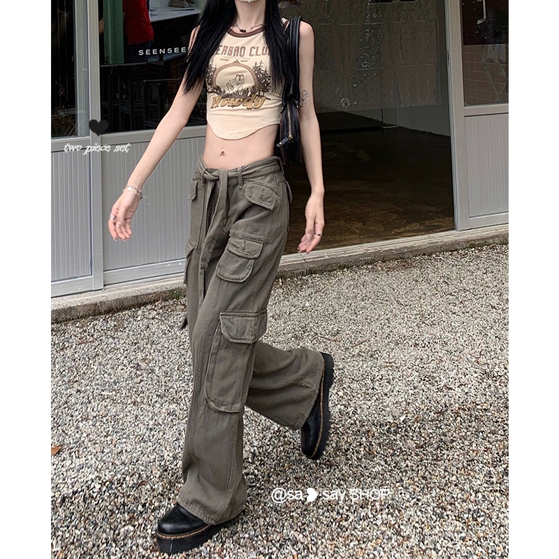 QADCOL Quần Jean Lưng Thấp Ống Rộng Phối Túi Cá Tính Theo Phong Cách 2022