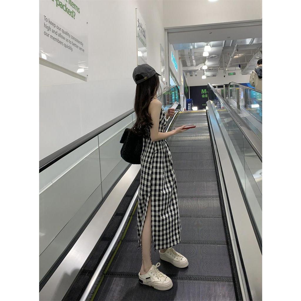 62917 Phong Cách Mới Đầm Hai Dây Kẻ Caro