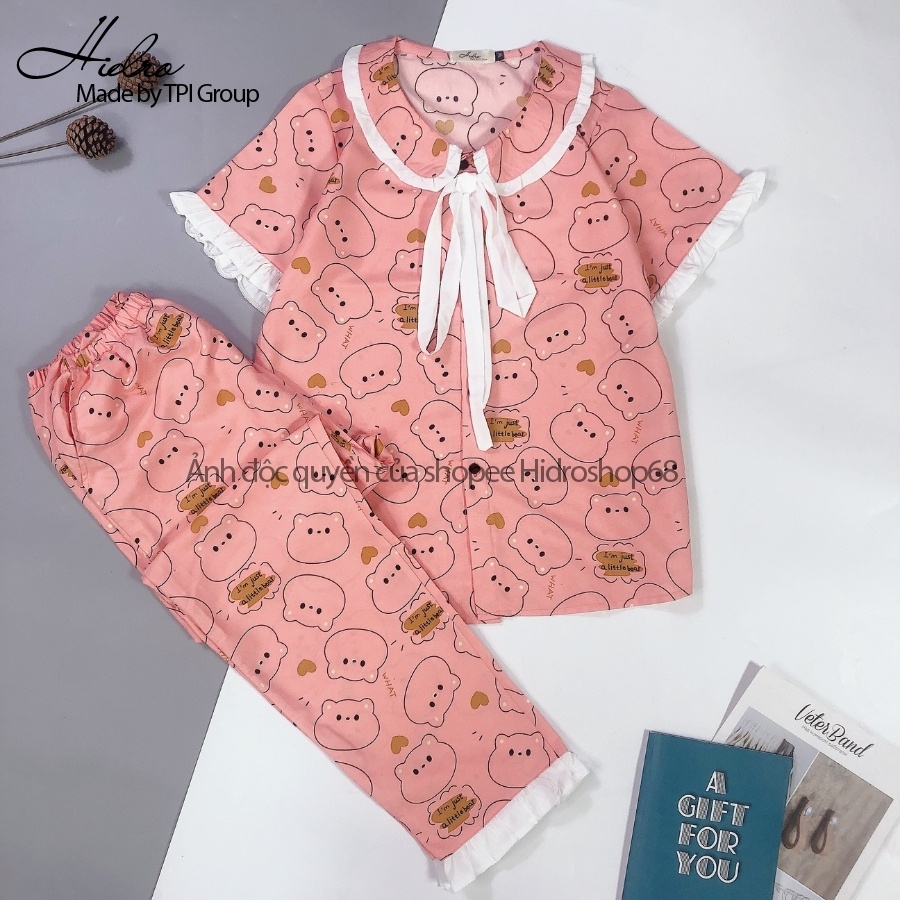 Bộ Ngủ Pijama Phối Nơ Bèo Tay Ngắn Quần Dài Họa Tiết Dễ Thương Thiết Kế Cao Cấp Phong Cách Tiểu Thư