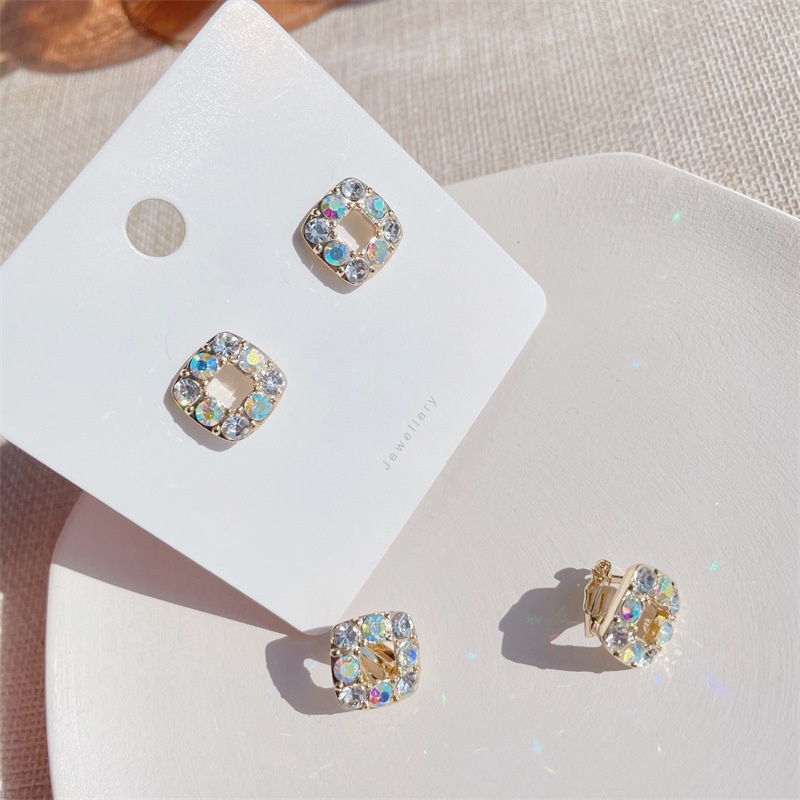 Khuyên tai kẹp không bấm lỗ chốt cố định K192 bằng hợp kim mạ vàng hình vuông đính hạt đá dáng ngắn Leous Accessories