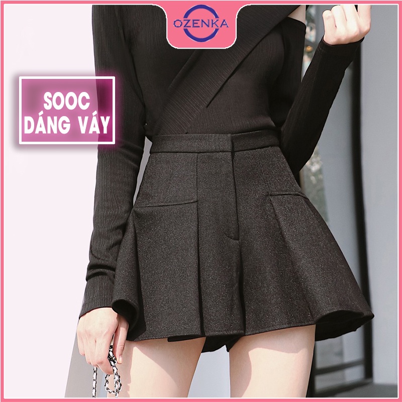 Quần short nữ rộng xếp ly khoá trước OZENKA , quần sooc đùi lưng cao dáng váy xoè màu đen trắng chất dày dặn size S M L