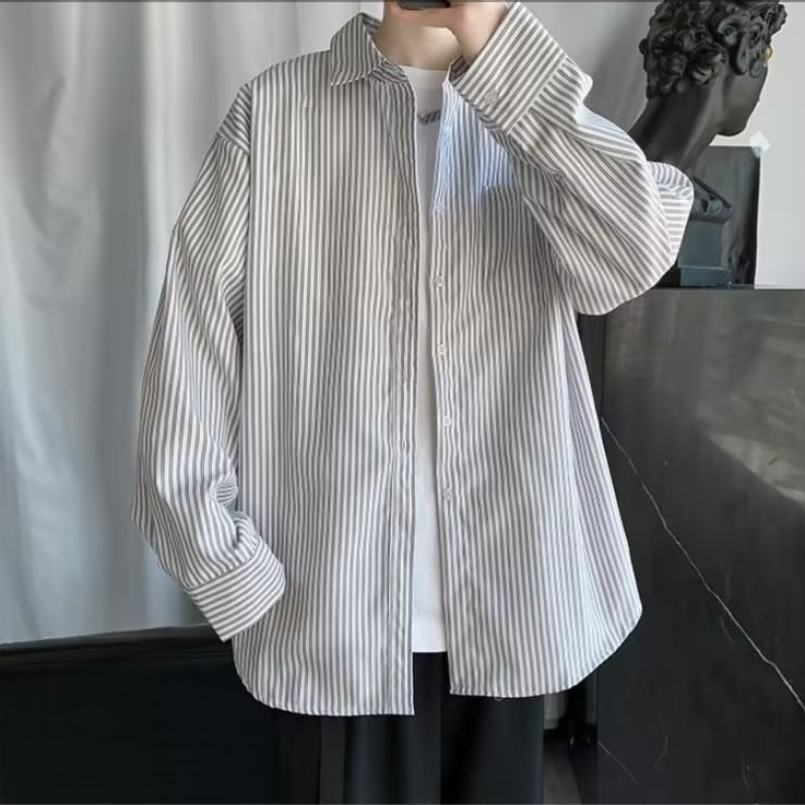 Mùa hè bùng nổ Hàn Quốc người đàn ông dài tay áo lỏng lẻo hàng ngày đơn giản phù hợp với thanh niên phổ biến mẫu sọc áo sơ mi nam dài tay