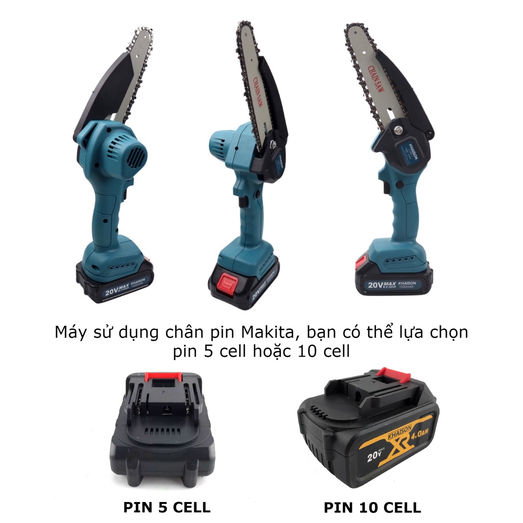 Máy cưa xích cưa gỗ cầm tay 6 inch 20v không chổi than Khaison bộ 2 pin