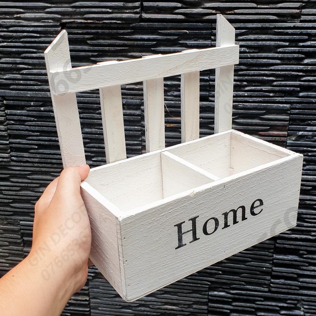 Chậu cây gỗ 2 ngăn HOME đồng quê vintage (2 màu, tặng móc dán)