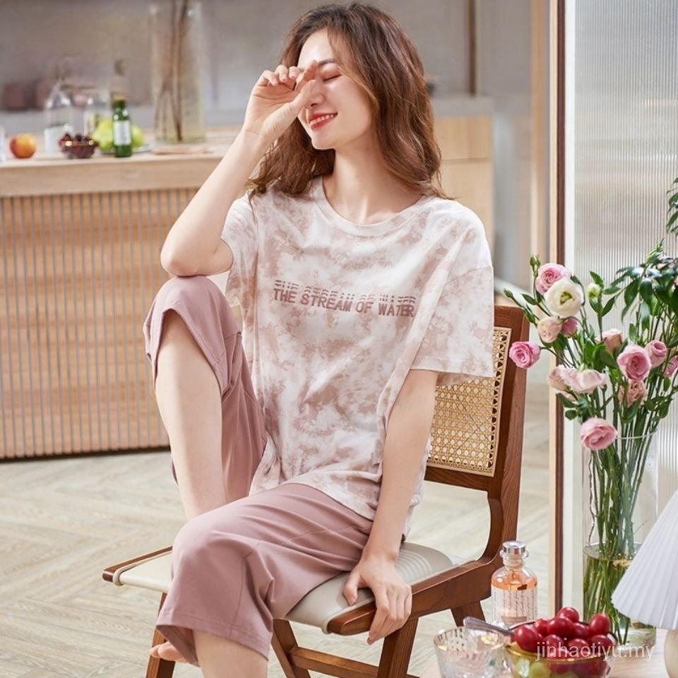 Bộ Đồ Ngủ Vải Cotton Mỏng Tay Ngắn Màu Nhuộm Phong Cách Phương Tây Thời Trang Mùa Hè Cho Nữ 2021