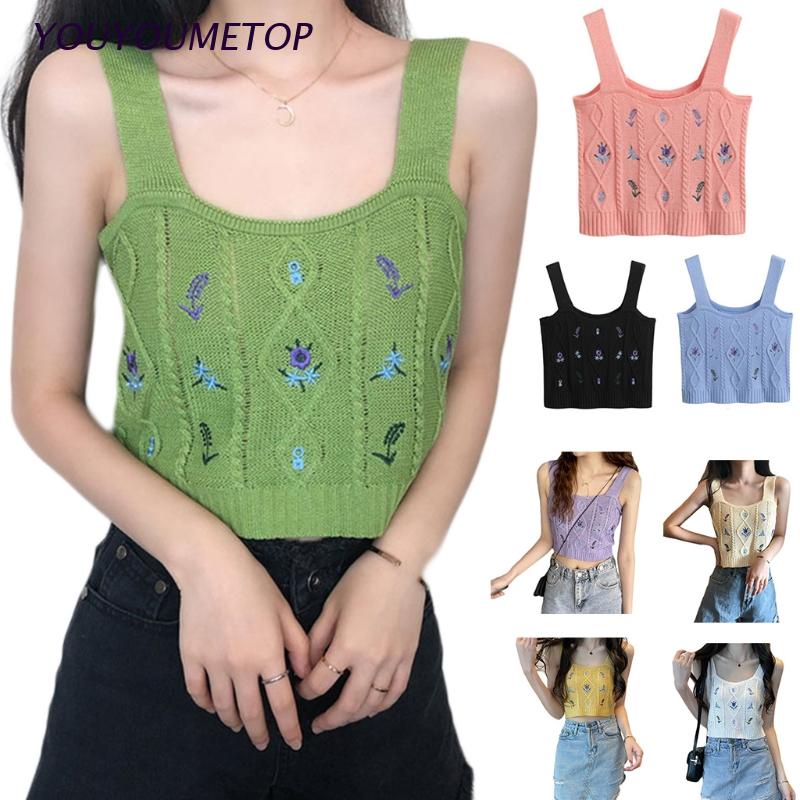 Áo Croptop Dệt Kim Hai Dây Thêu Hoa Thời Trang Đi Biển Cho Nữ