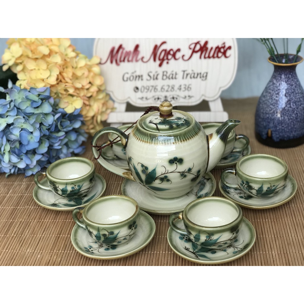 Bộ Ấm trà Sứ Bát Tràng hoa trúc xanh