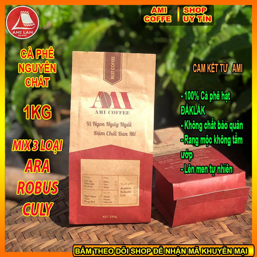[1KG] - Cà phê Mix 3 Robusta + Arabica + Culi bột rang xay nguyên chất Ê Đê -AMICAFE