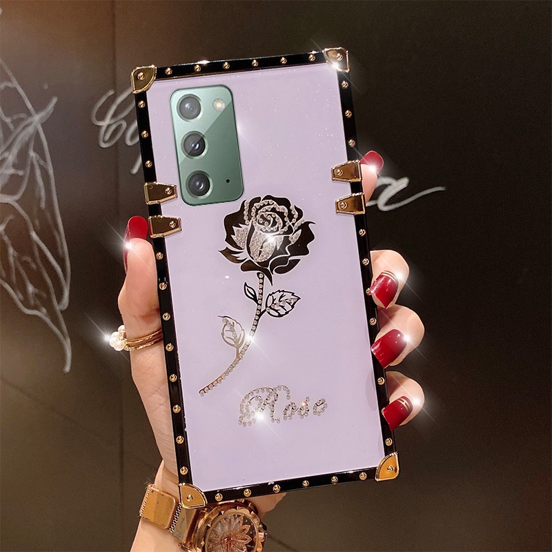 Ốp Điện Thoại Vuông Chống Sốc Họa Tiết Hoa Hồng Đính Kim Cương Cho Samsung Note 20 Ultra 20+ Note 10 10+ Note 9 Note 8