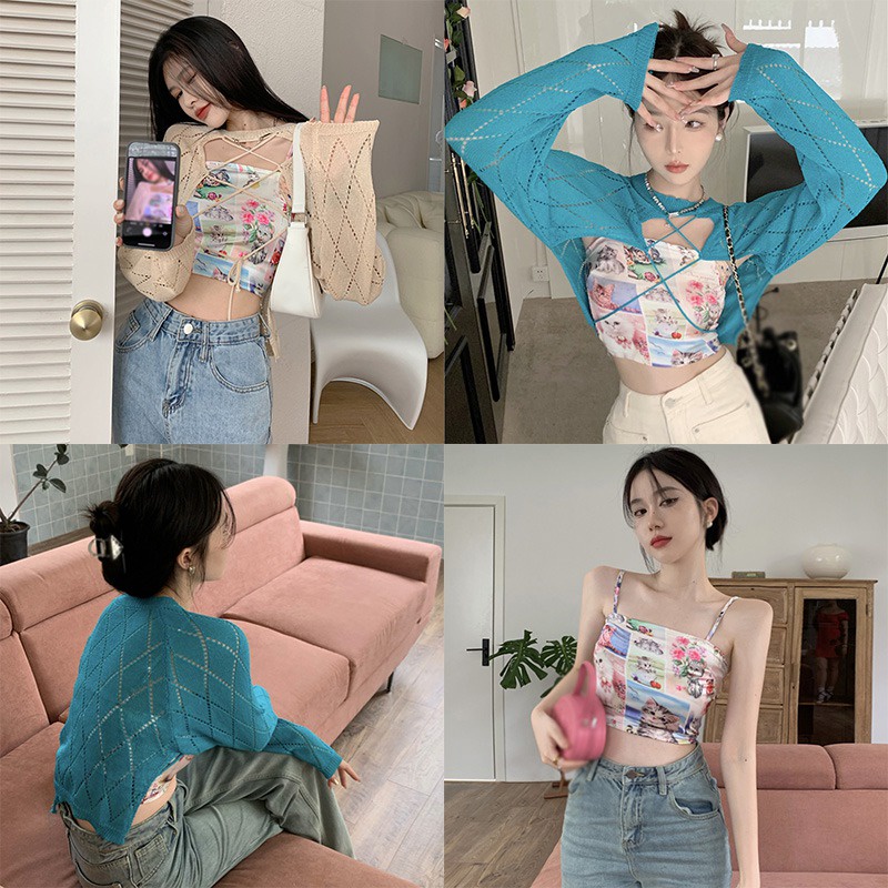 Bộ Áo Croptop Không Tay In Họa Tiết + Áo Dệt Kim Tay Dài Màu Trơn Thời Trang Cho Nữ