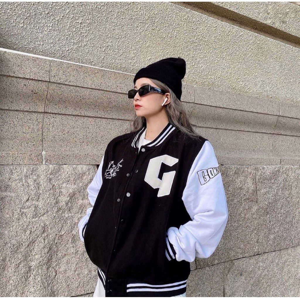 Áo Khoác Bomber Nhung Chữ G CHANREEN [FREESHIP] Phối màu tay, form rộng, nam nữ unisex Style Ulzzang dáng rộng