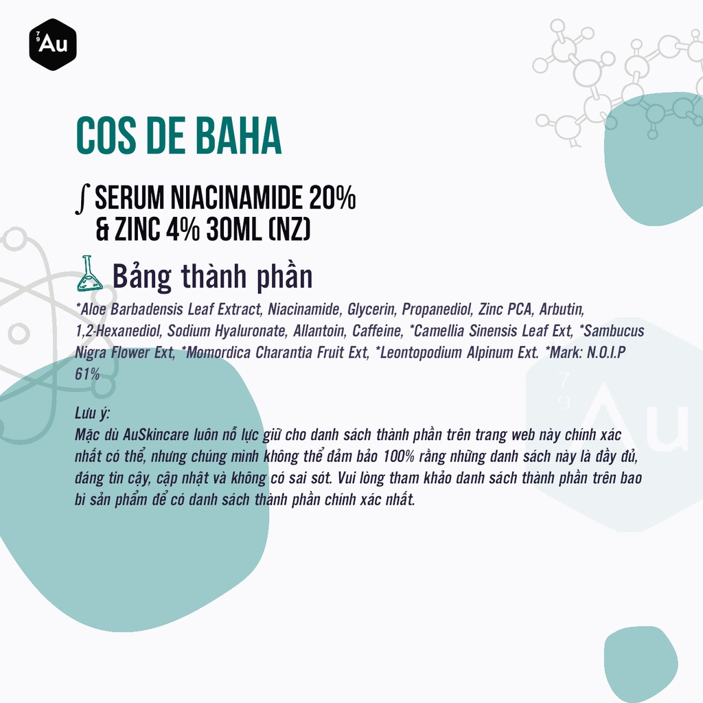 Cos De BAHA | Serum Niacinamide 20% + Kẽm 4% + Arbutin - Hỗ Trợ Giải Quyết Vấn Đề Lỗ Chân Lông, Làm Đều Màu Da 30ML (NZ)