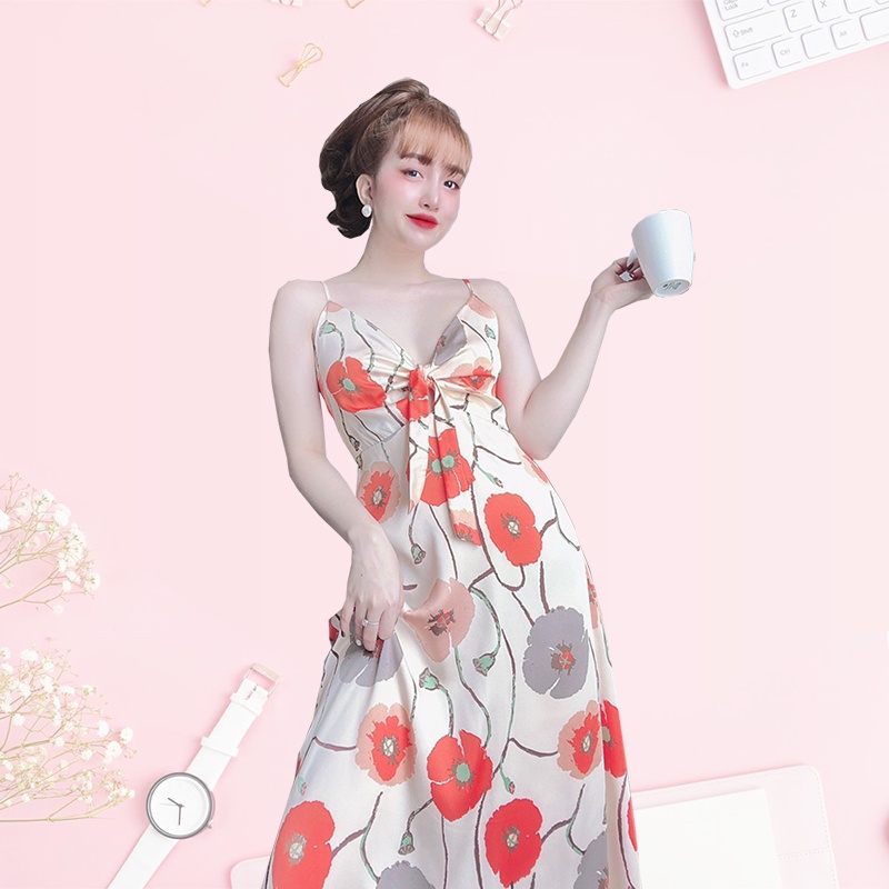 Đầm ngủ dây lụa cao cấp, váy ngủ nữ freesize 40-60kg