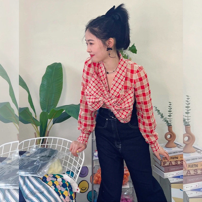 ❃▧❡Set Áo Sơ Mi Caro + Quần Short Lưng Cao Phong Cách Thời Trang Hong Kong Cho Nữ 2022
