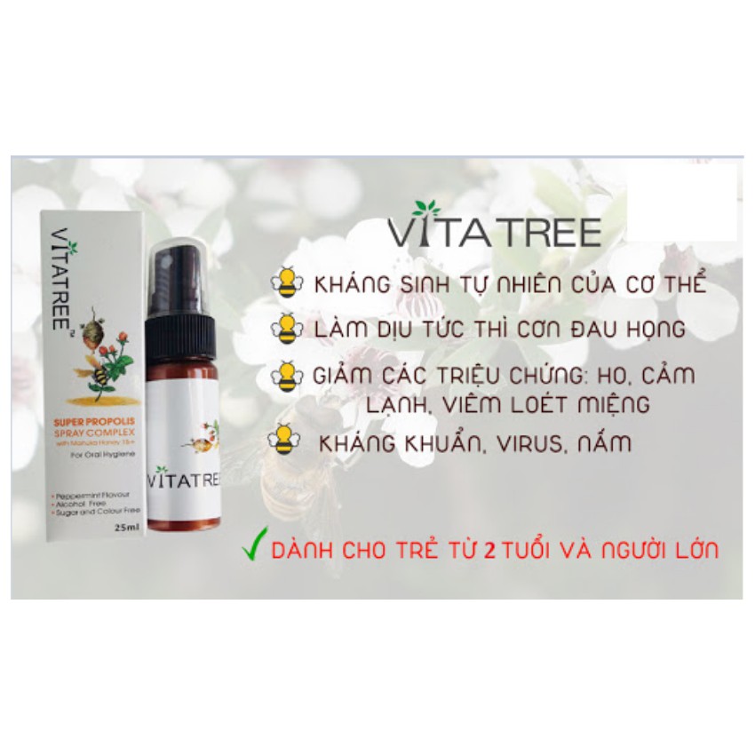[Mã FMCGMALL - 8% đơn 250K] Keo Ong Xịt Họng Vitatree Super Propolis Spray Complex With Manuka 15+ 25ml | BigBuy360 - bigbuy360.vn