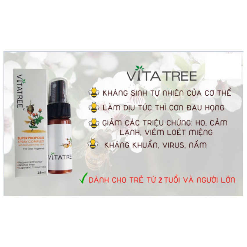 Keo Ong Xịt Họng Vitatree Super Propolis Spray Complex With Manuka 15+ 25ml