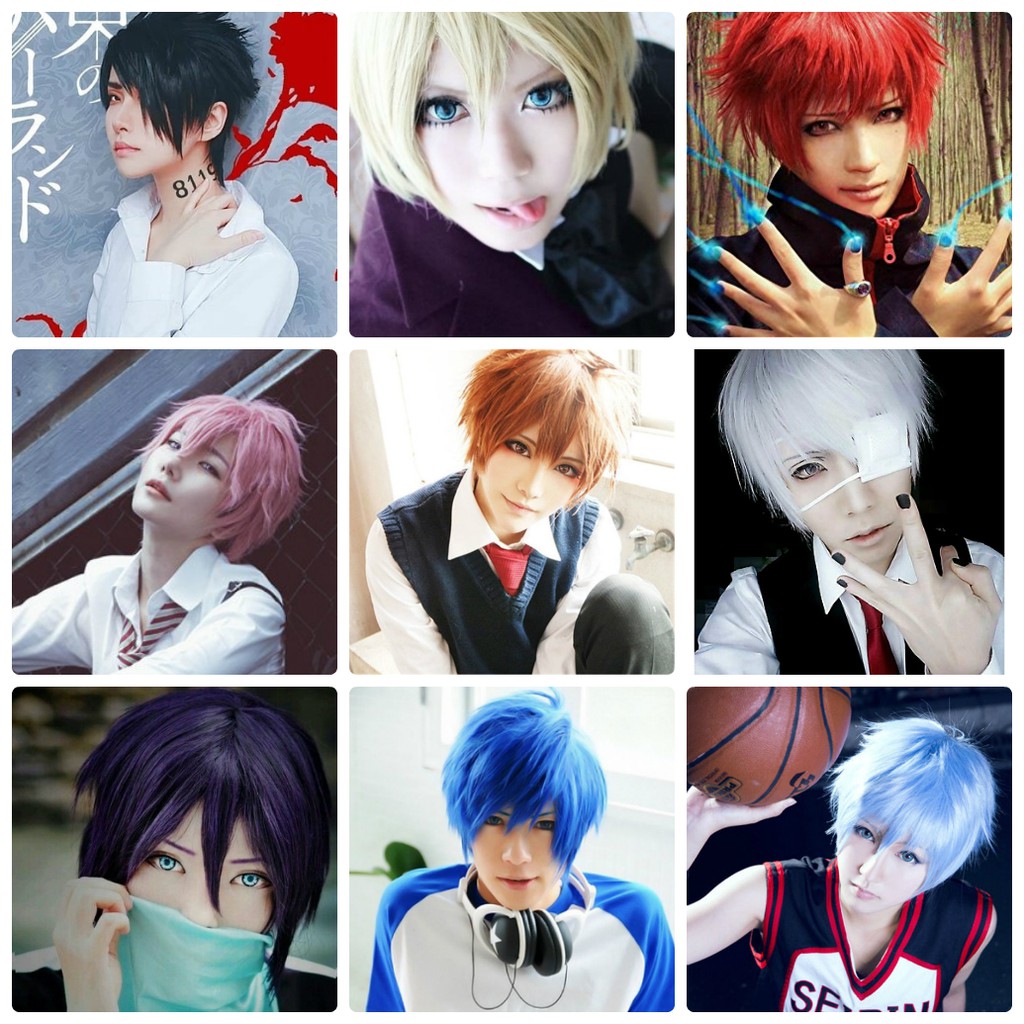 Tổng hợp tóc giả cosplay nam ngắn 30cm lưới hoa đủ màu
