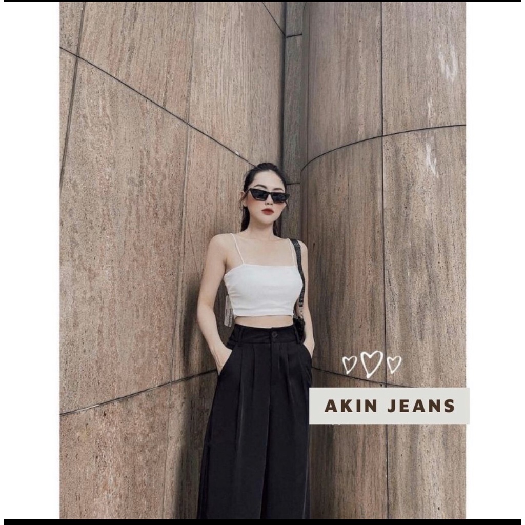 Combo Quần Vải Ống Suông Cạp Cao Kết Hợp Áo Bra 2 Dây, Siêu Hack Dáng, Akin Jeans, S1C, B2D