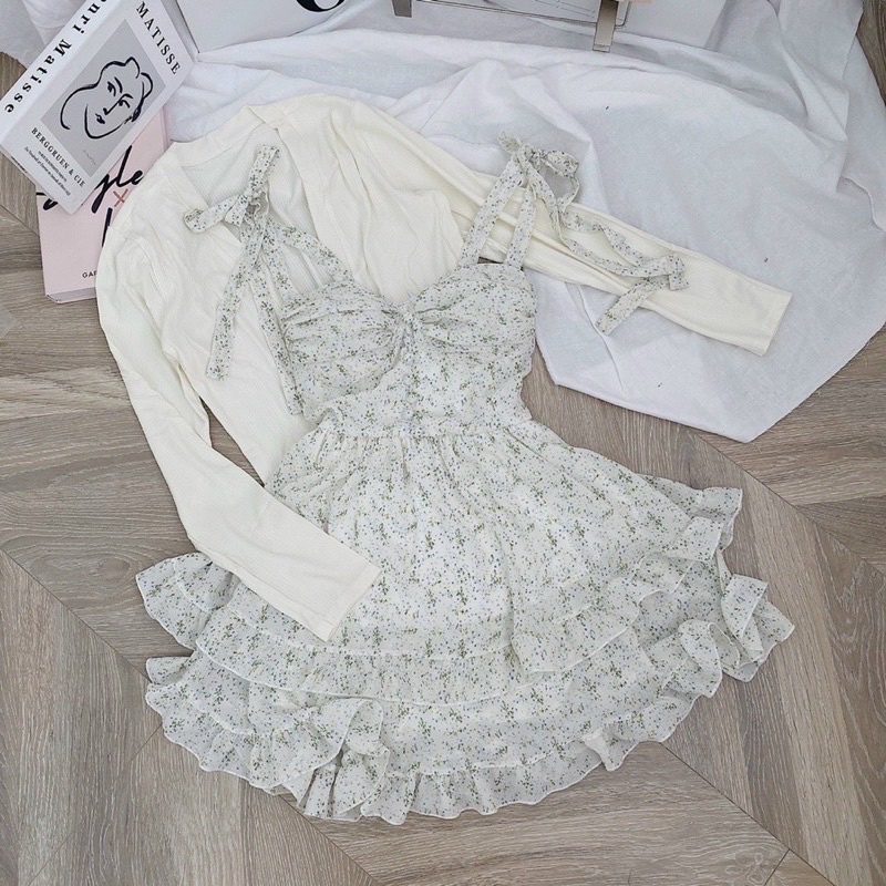 CIARA - Set đầm hoa cúp ngực + khoác cardigan