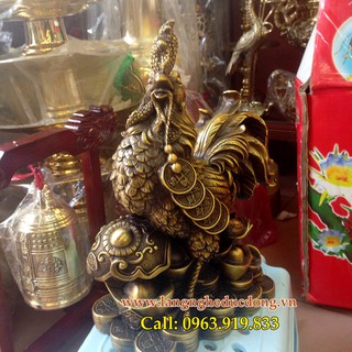 tượng gà trống đứng tiền và gậy như ý 30cm, giá tượng gà bằng đồng