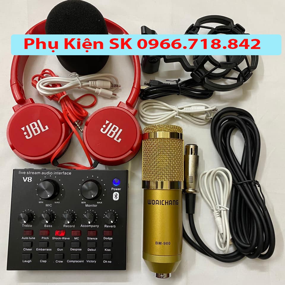 🎧FULL BOX COMBO🎧 Bộ Mic Thu Âm BM900 Và Card V8 Bluetooth Chuyên Dụng Hát Live Stream Đủ Chức Năng